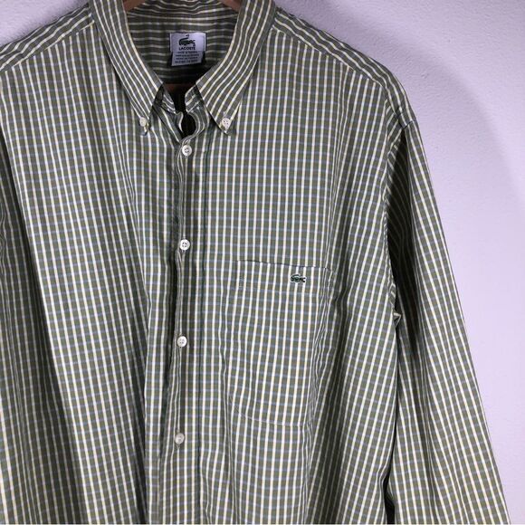 Lacoste Men’s Button Down Shirt Green Plaid Stripe 100% Cotton Regular Fit 45 - Picture 2 of 7